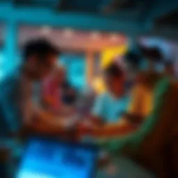 A group of people engaged with laptops and smartphones, sharing ideas and interacting on social media