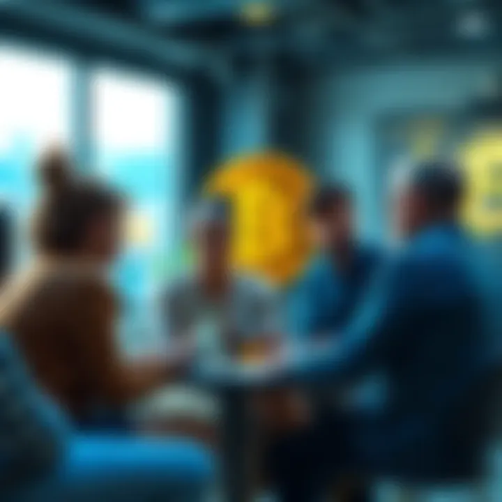 People discussing Bitcoin Group of people sharing experiences and resources about Bitcoin in a casual setting