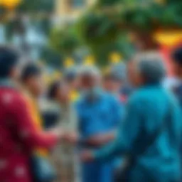 Group of diverse individuals sharing their views about a famous person in a lively outdoor setting