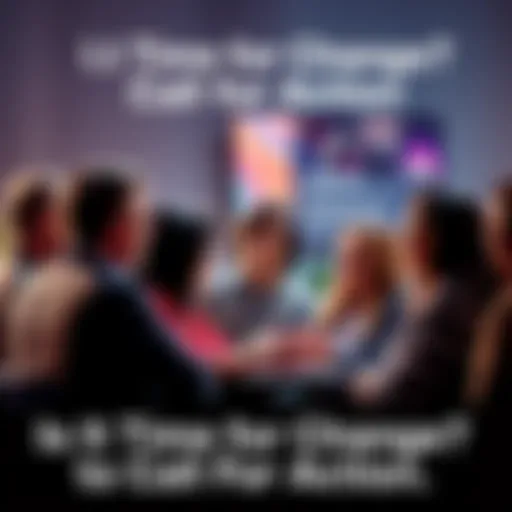 A group of diverse people engaged in a discussion about societal changes, expressing various opinions and ideas.