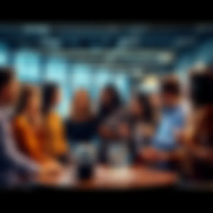 Group of people discussing A diverse group of people engaged in a discussion, showcasing collaboration and agreement in a modern setting.