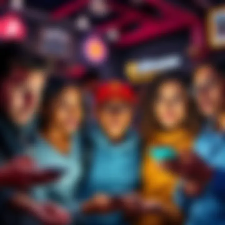 A group of diverse people in a casual setting, looking at smartphone screens with concerned expressions, symbolizing skepticism in cryptocurrency conversations.