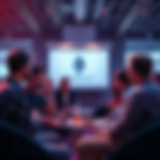 A group of people engaging in a conversation about Ethereum and DeFi in a casual setting