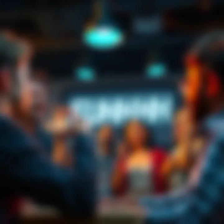 Group of people engaged in lively conversation about the term FUHHH, expressing excitement and interest.