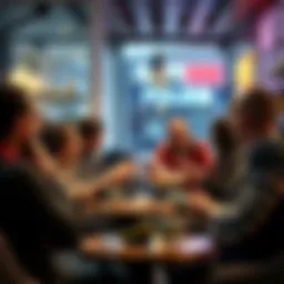 A group of people in a coffee shop engaged in a heated discussion about money supply and inflation effects on work hours.