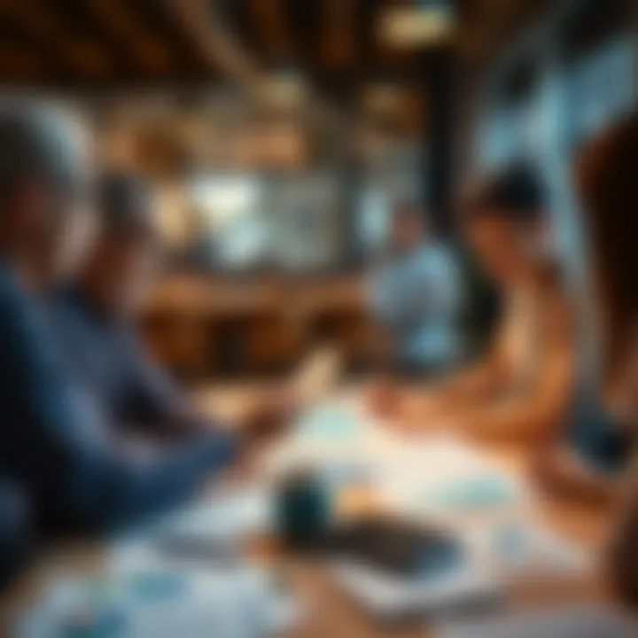 A group of people engaged in a discussion about managing their migration funds, with notes and graphs spread out on a table.