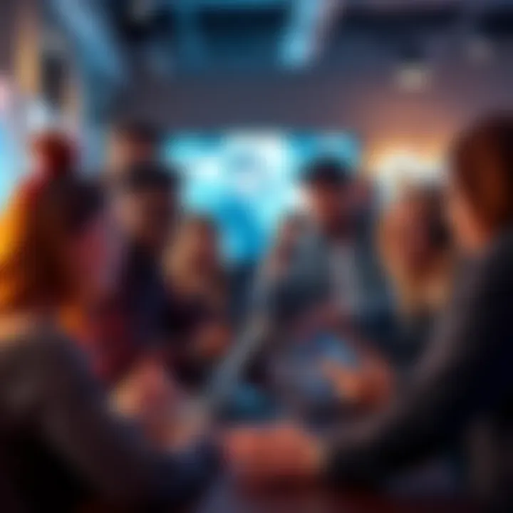 A group of people engaging in discussions on laptops and smartphones, showing a mix of emotions related to an exciting online topic.