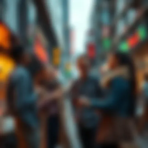Group of friends joyfully chatting about stocks and shares in a lively street setting