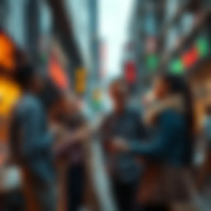 Group of friends joyfully chatting about stocks and shares in a lively street setting