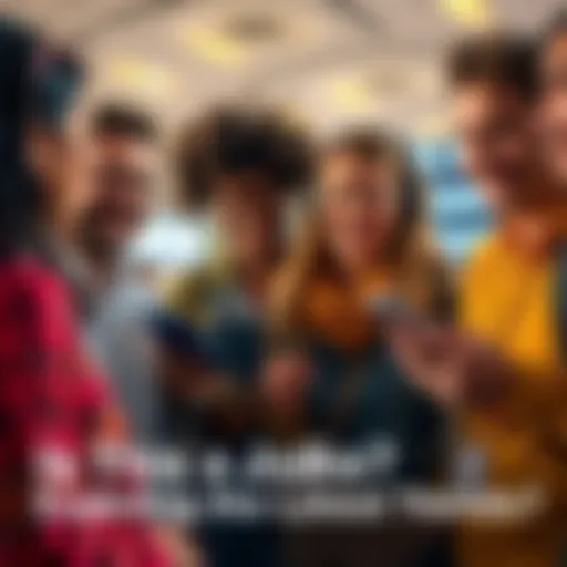 A group of diverse people talking and laughing while looking at a phone, symbolizing discussions about trends and jokes.