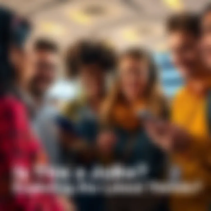 A group of diverse people talking and laughing while looking at a phone, symbolizing discussions about trends and jokes.