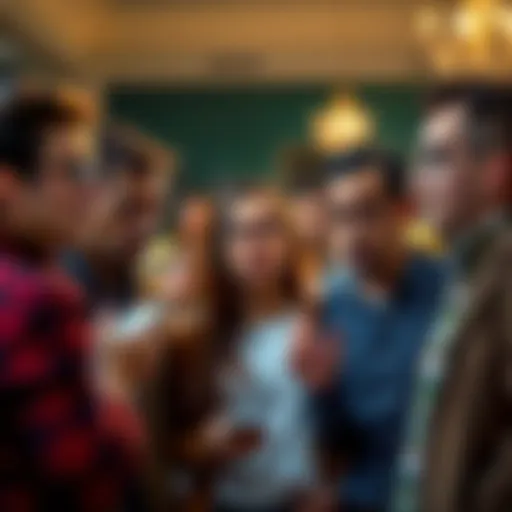 A group of people engaged in a conversation about vocabulary skills, showing expressions of surprise.