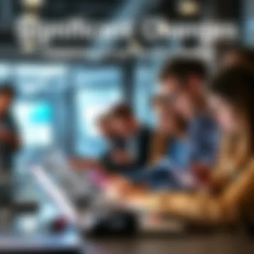 Group of people using smartphones and laptops in a modern setting, reflecting social changes and technology impact on daily life.