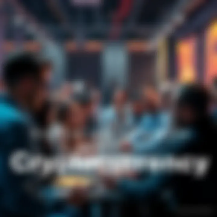 A diverse group of individuals discussing cryptocurrency trends and investments in a lively forum setting