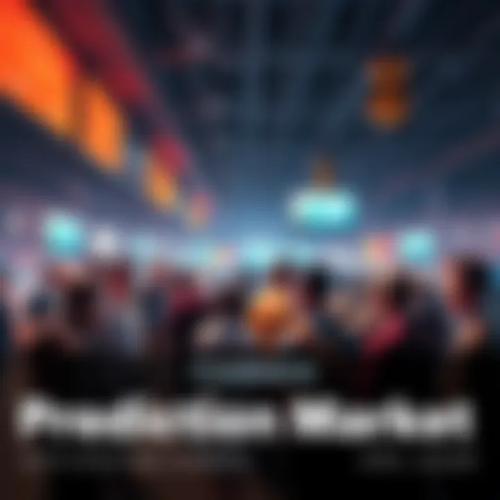 Group of people at a bustling event, discussing predictions and strategies in the prediction market