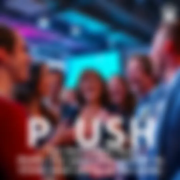 A group of people excitedly discussing the latest PUSH event and its impact, showcasing vibrant expressions and gestures.
