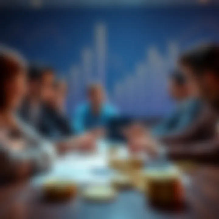 A group of people discussing ways to earn yield on stablecoins, with charts and digital coins on a table