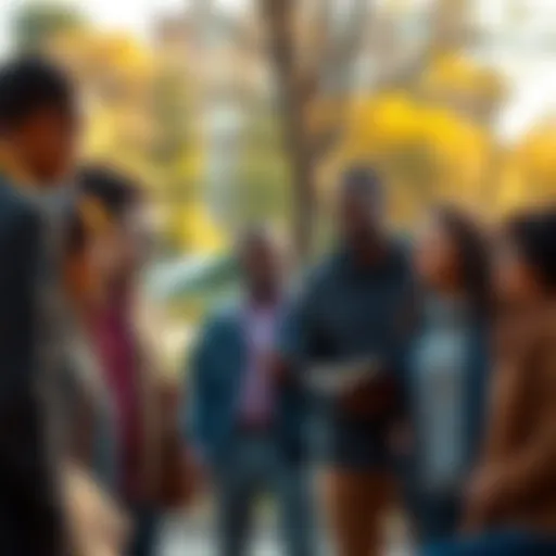 A diverse group of people gathered in a park, discussing education, work, and life goals while smiling and encouraging each other.