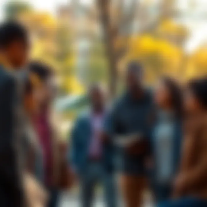 A diverse group of people gathered in a park, discussing education, work, and life goals while smiling and encouraging each other.