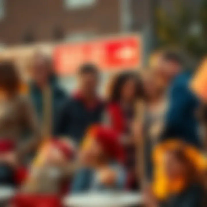 A group of people laughing together as they sell their belongings at a yard sale, showcasing quirky items for sale.
