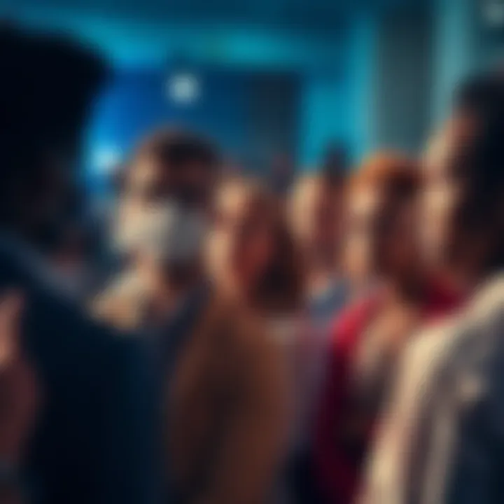 A diverse group of people attentively listening to an important message being shared by a speaker at a community event.
