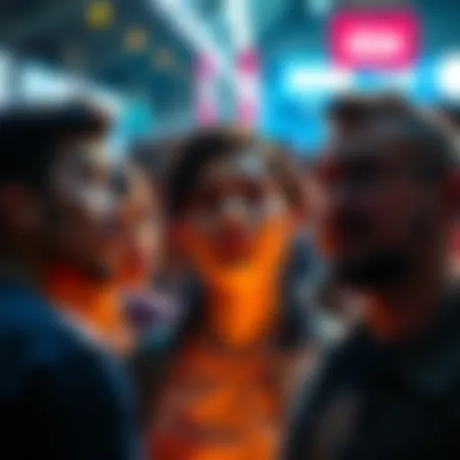A group of people gazing at a well-known person in a crowded setting, showing expressions of curiosity and admiration