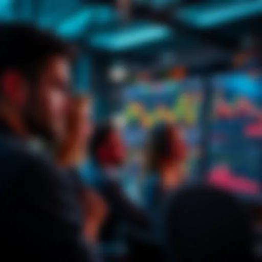 A group of people analyzing cryptocurrency charts on screens, reflecting their interest in digital finance during economic struggles.