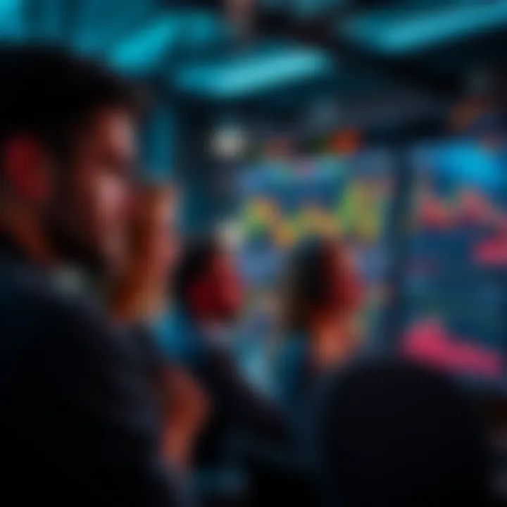 A group of people analyzing cryptocurrency charts on screens, reflecting their interest in digital finance during economic struggles.