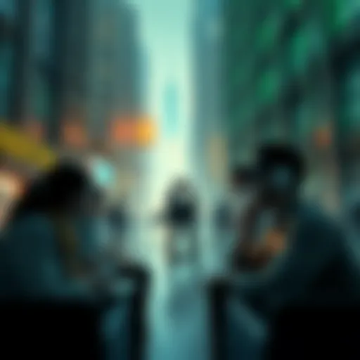 A group of people discussing and pondering the nature of reality in a modern setting, surrounded by technology and city life.