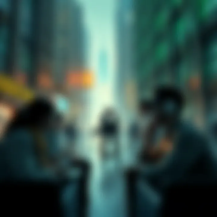 A group of people discussing and pondering the nature of reality in a modern setting, surrounded by technology and city life.