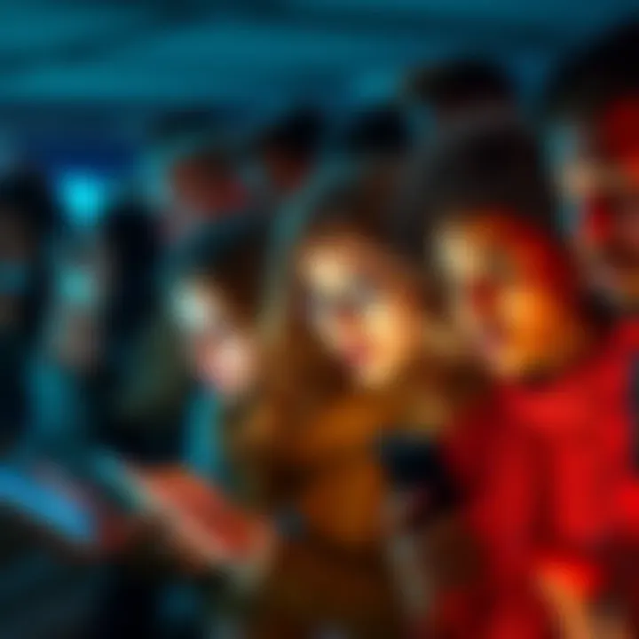 A group of diverse people showing expressions of surprise and disbelief while reading news on their phones