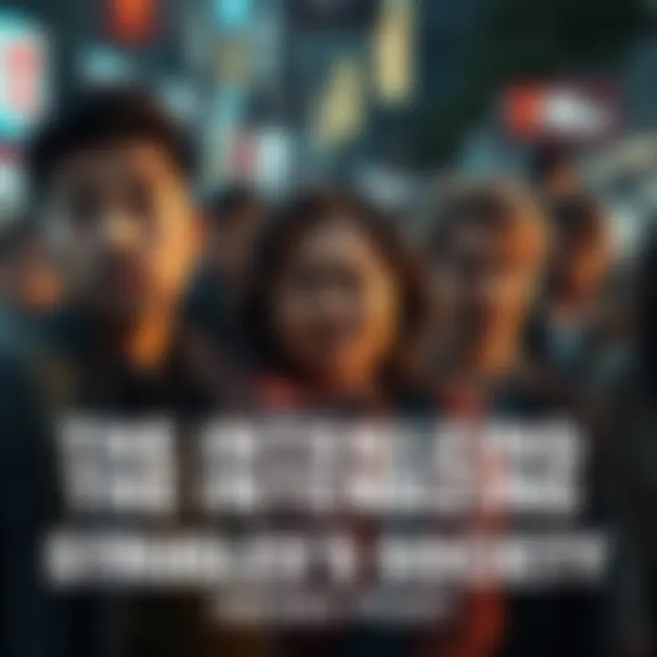 A group of people showing signs of stress and anxiety in a busy urban setting, with worried expressions and hectic surroundings