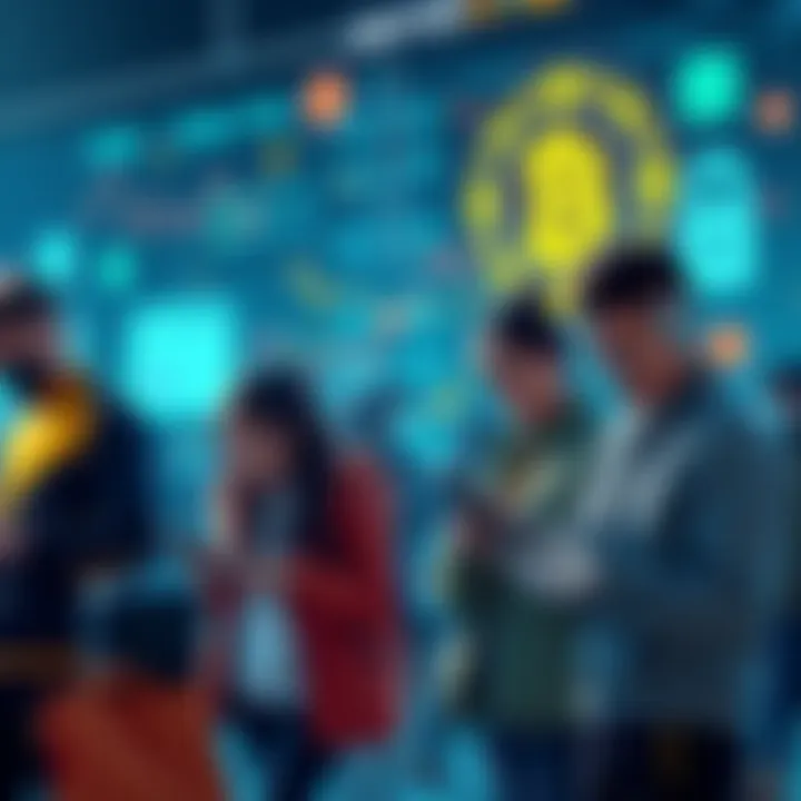 A group of people interacting with their devices, showcasing Crypto AI Agents in daily life, with digital wallets and security symbols in the background.