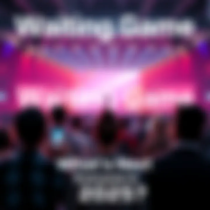 A group of people waiting eagerly with smartphones in hand, looking towards a stage with a spotlight, signifying upcoming announcements