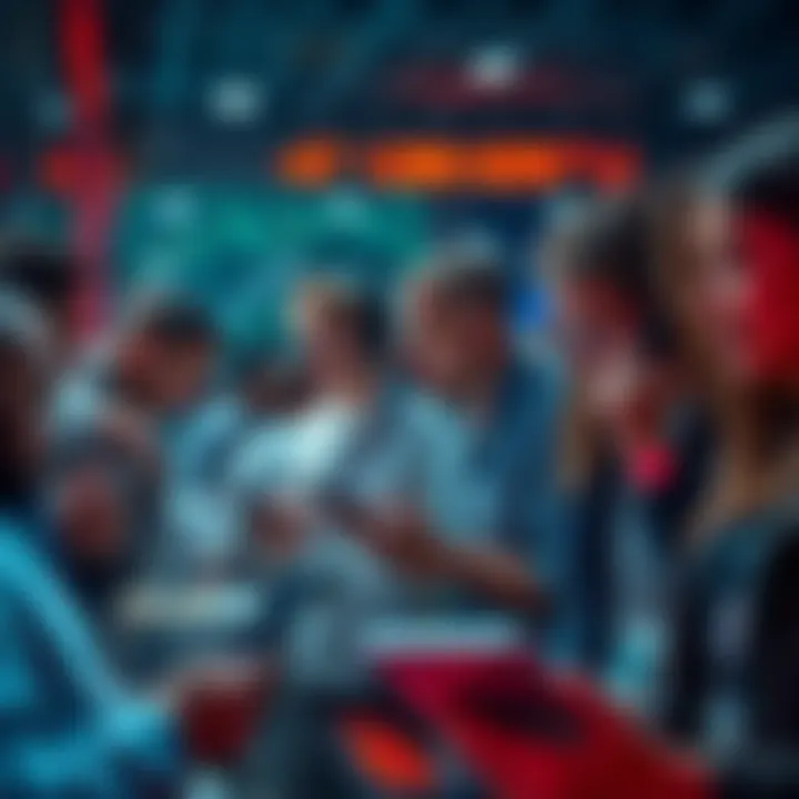 A group of people engaging in trading Altcoins during a market dip, showing enthusiasm and focus on their devices.