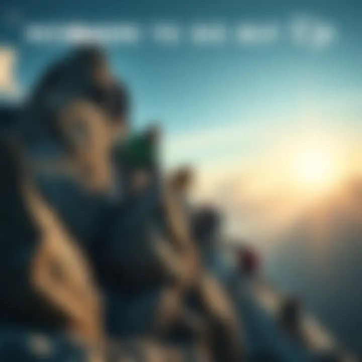 A group of people climbing a steep mountain, symbolizing growth and advancement in their industry.