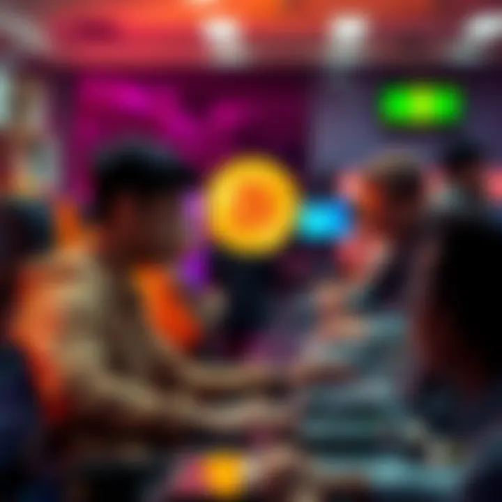 A group of people working together at computers, trying to guess Bitcoin private keys in a collaborative effort.