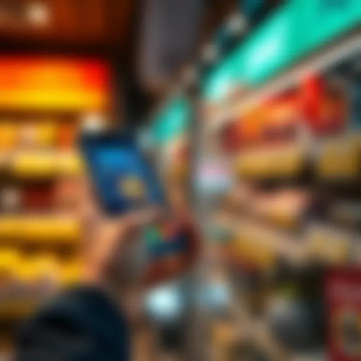 A person using a smartphone to pay at a store with cryptocurrency, featuring visible digital wallet apps on the screen, showcasing Bitcoin and Ethereum icons.