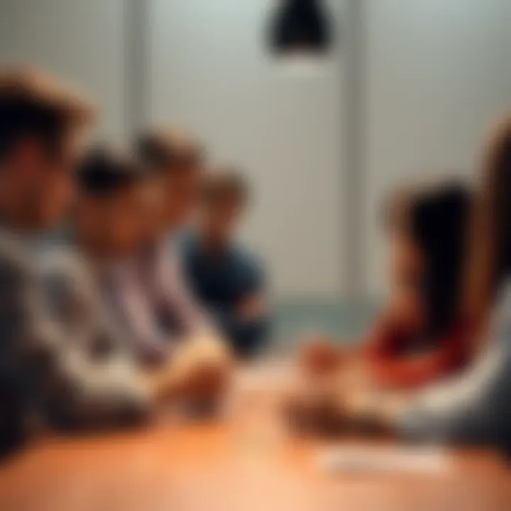 A group of people gathered around a table, engaging in a discussion about a key concept while looking puzzled and sharing ideas.