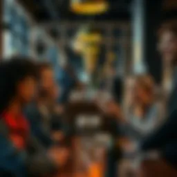 A diverse group of people engaged in a lively conversation, sharing thoughts and perspectives, with a coffee shop setting in the background.