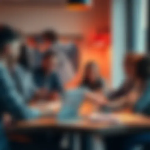 A group of people at a table laughing and questioning a new mindset trend, with a laptop open and notes scattered around.