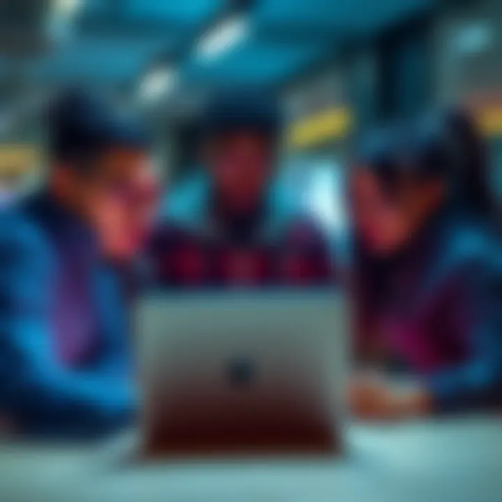 A group of people gathered around a laptop, talking about technical glitches and issues they encountered.