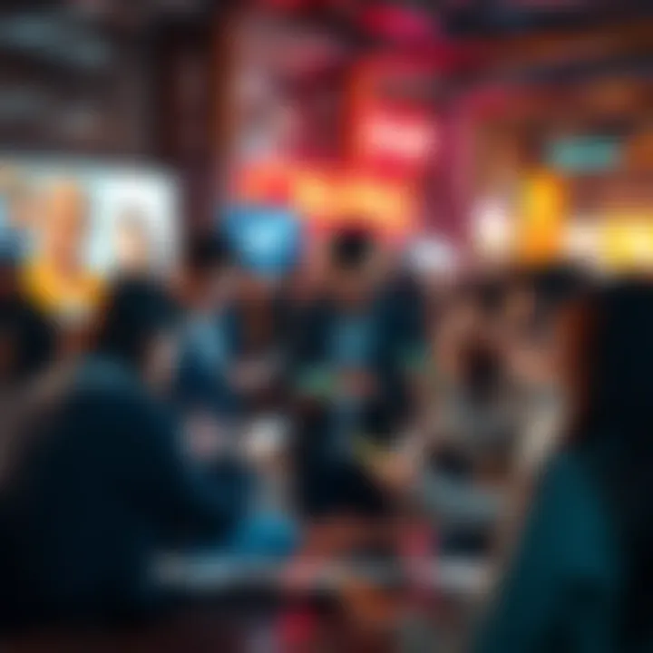 A group of people interacting with various digital devices, sharing content and discussing online trends together.