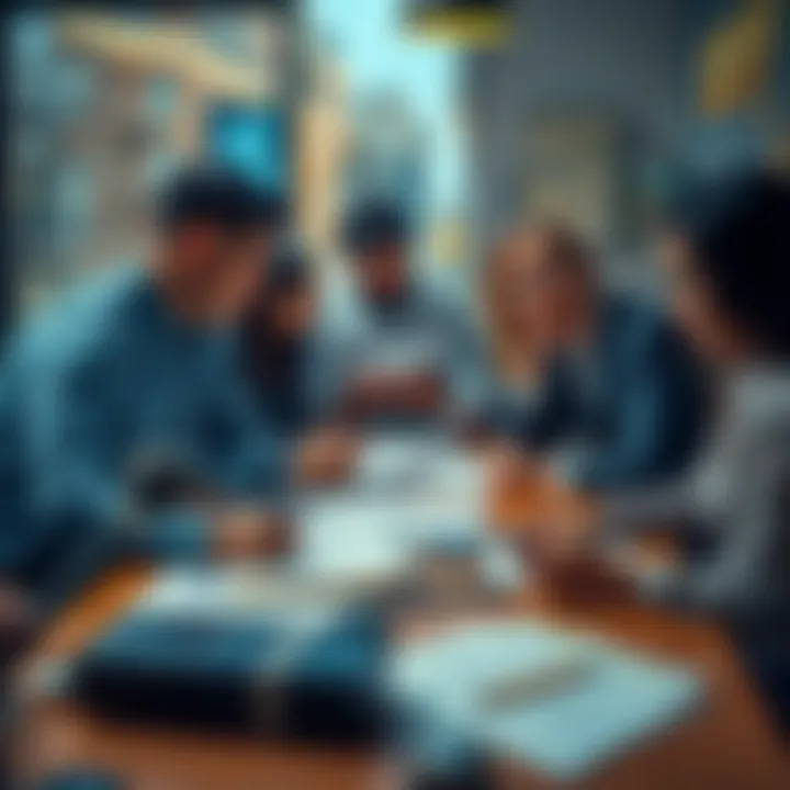 People discussing finances at a table Group of people evaluating financial documents and discussing potential account risks while managing money