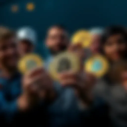 A group of people proudly displaying Bitcoin coins, showcasing ownership and investment in cryptocurrency