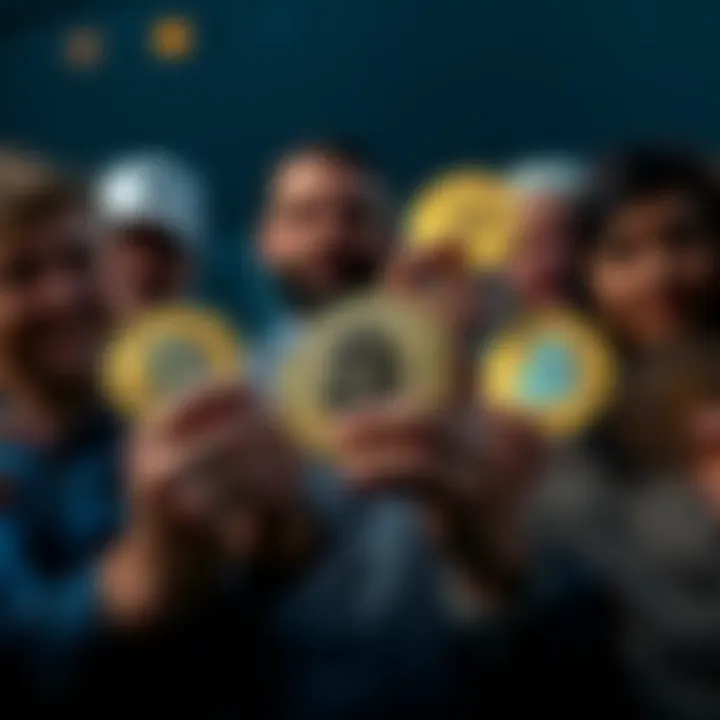 A group of people proudly displaying Bitcoin coins, showcasing ownership and investment in cryptocurrency