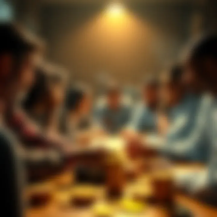 A diverse group of people discussing cryptocurrency investments, with charts and digital currencies on a table