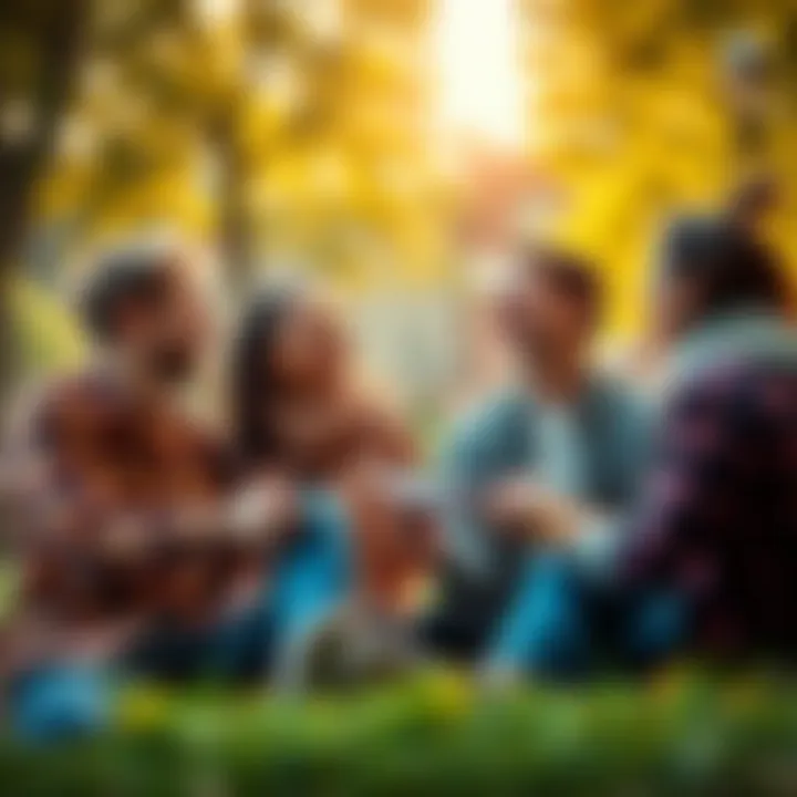 A group of friends sharing funny stories and laughing together at a park