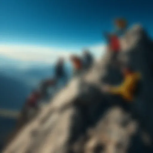 A group of diverse individuals supporting each other while climbing a steep mountain, symbolizing resilience and determination.