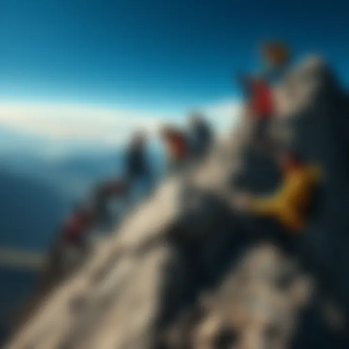 A group of diverse individuals supporting each other while climbing a steep mountain, symbolizing resilience and determination.